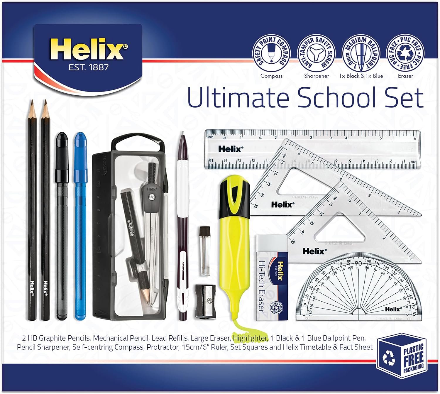 Review image for Helix Ultimate Stationery Set – Complete School Supplies Kit with Highlighter, Pens, Pencils, Compass, Ruler, Pencil Sharpener, Eraser & Geometry Set – Back to School Exam & Revision Essentials