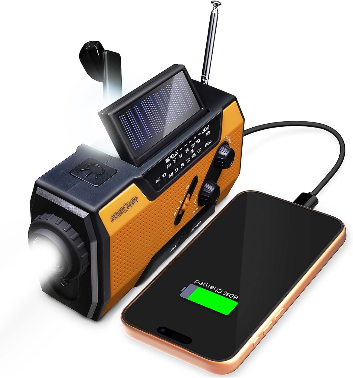 Review image for FosPower NOAA Emergency Weather Radio A1 7400mWh Solar Hand Crank (Orange)