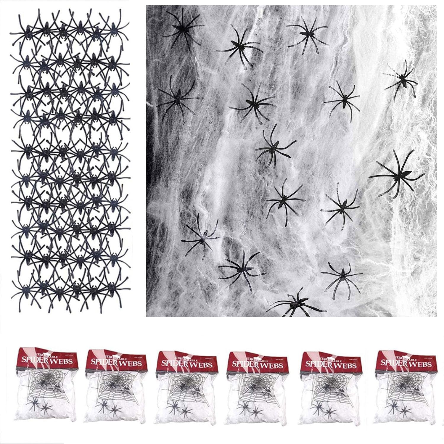 Review image for 6 Paquetes Telaraña Halloween, Tela de araña 1000 pies Cuadrados con 60 arañas Falsas para Halloween Decoracion Fiesta de Carnaval de Halloween