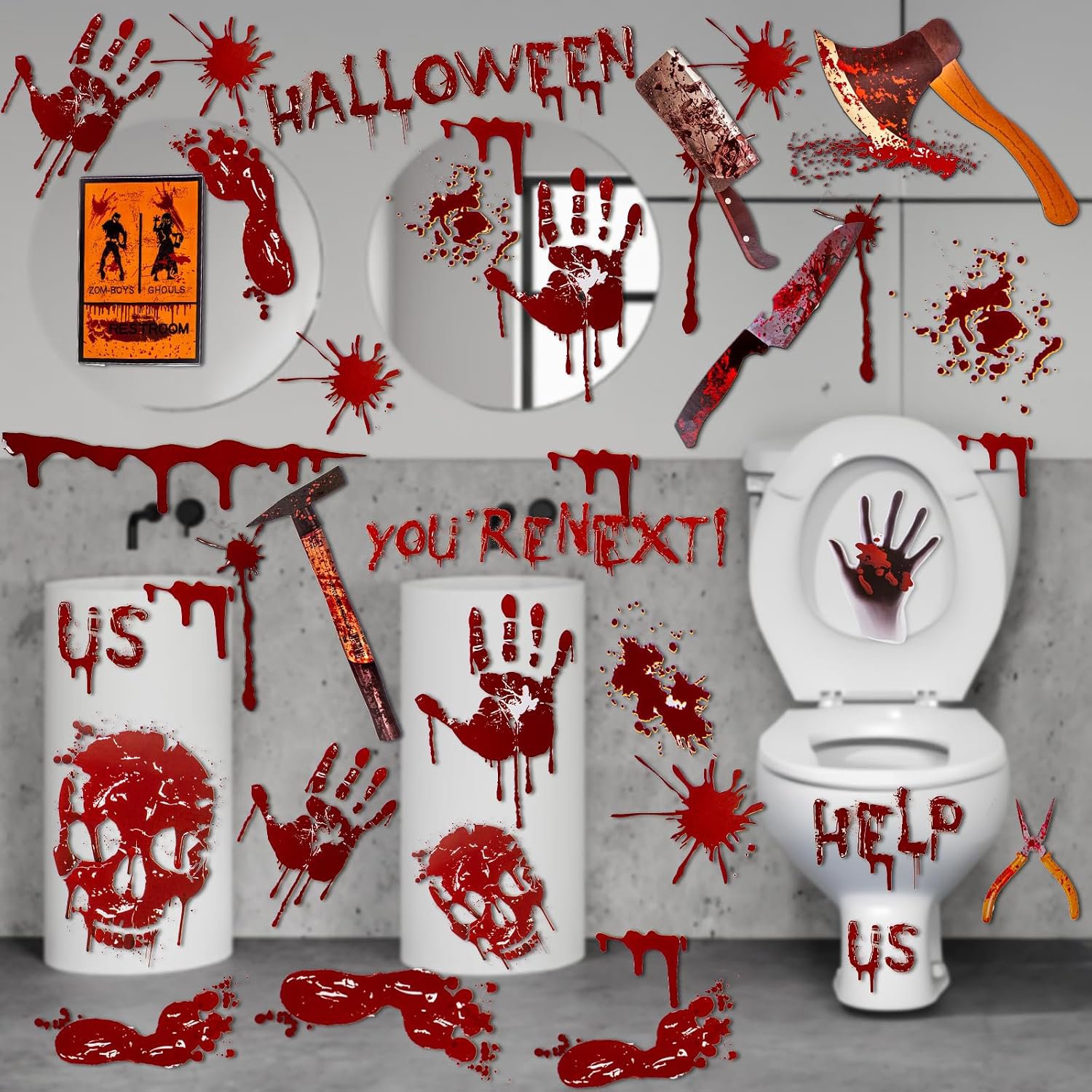 Review image for Scary Halloween Decorations, Halloween Window Clings, Bloody Handprints Footprints Skull for Halloween Party Decor, Horror Bathroom Restroom Decor