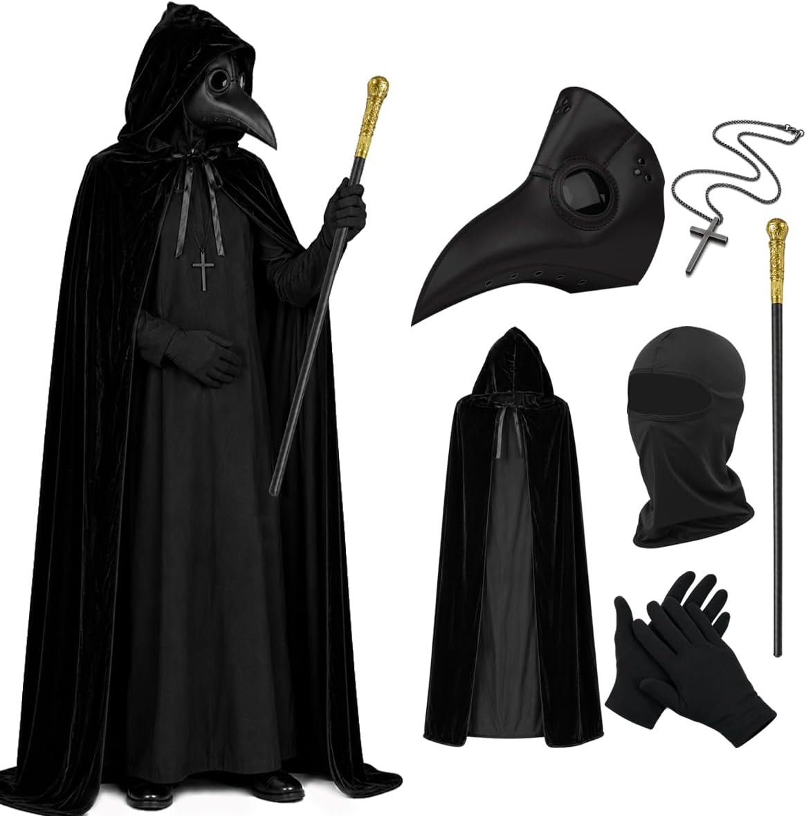 Review image for Adult Plague Doctor Costume Set with Beak Mask and Velvet Hooded Cloak for Halloween Costume