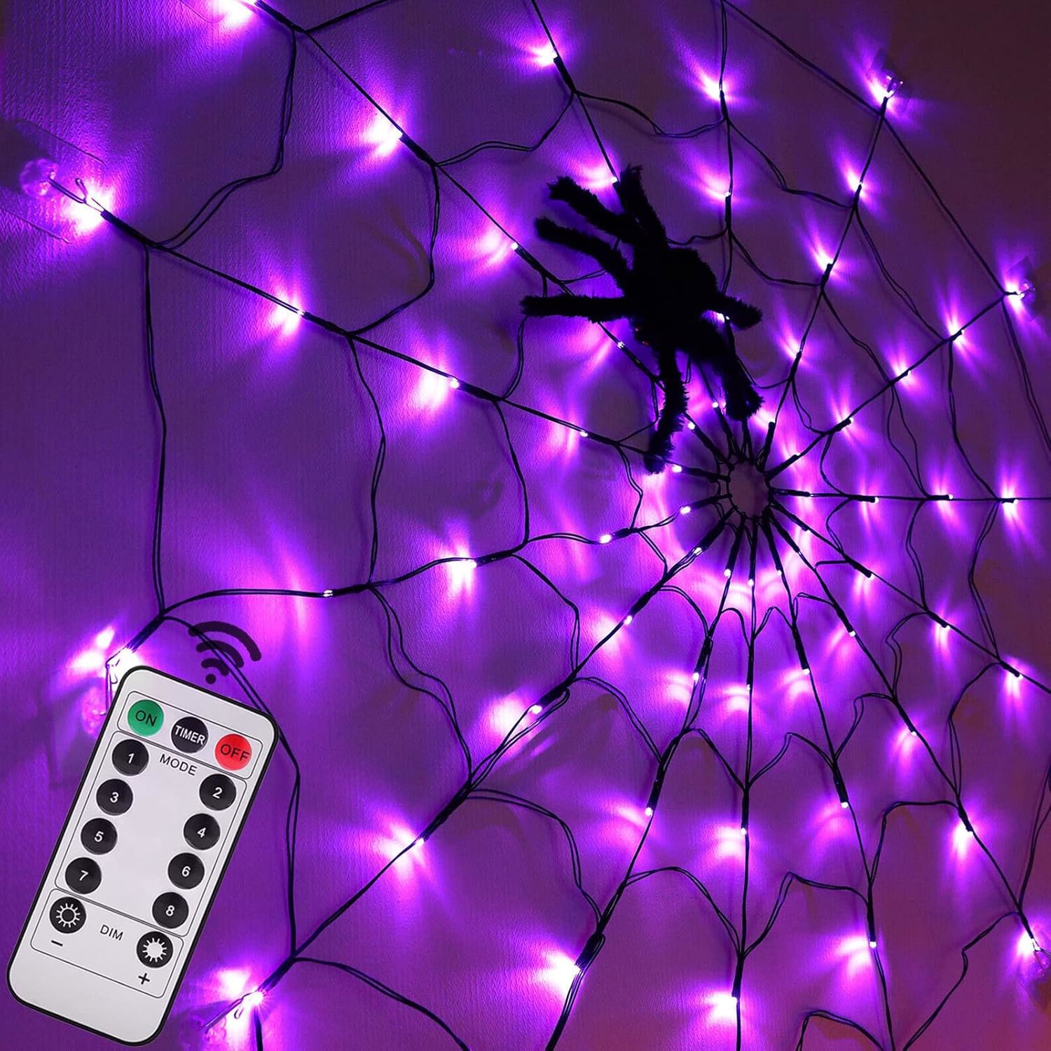 Review image for Halloween Spider Web Lights 4FT Diameter 70 LED with Black Spider, Waterproof Purple Net Lights, Remote Control, 8 Modes Cobweb Halloween Decorations for House Garden Indoor Outdoor Scary Theme