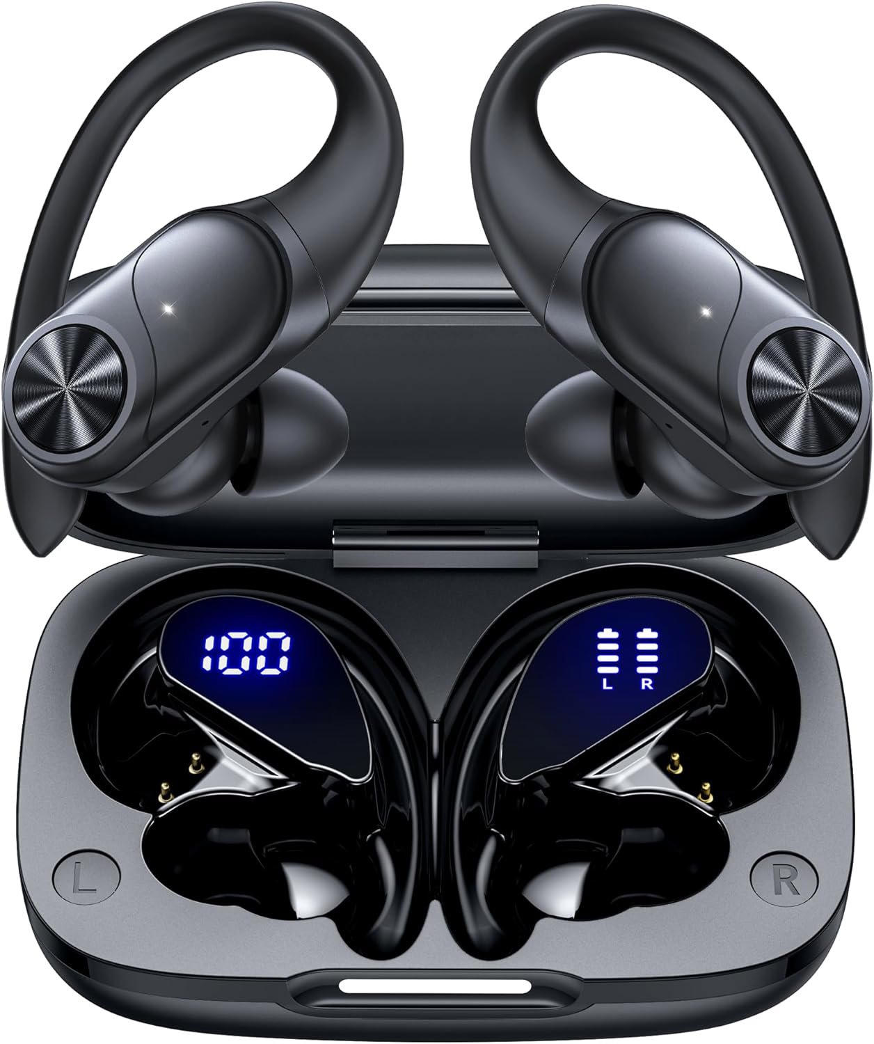 Review image for PocBuds Bluetooth Headphones Wireless Earbuds 80hrs Playtime Wireless Charging Case Digital Display Sports Ear Buds with Earhook Deep Bass IPX7 Waterproof Over-Ear Earphones for TV Phone Laptop Black