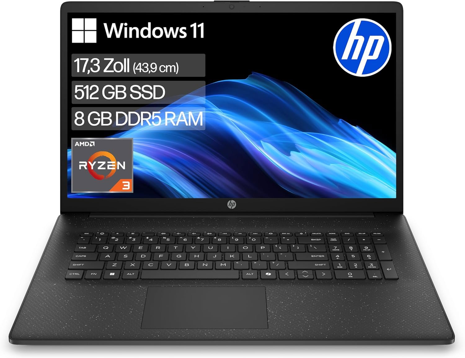 Review image for HP Laptop mit 17,3" FHD Display, AMD Ryzen 3 7320U, 8 GB DDR5 RAM, 512 GB SSD, AMD Radeon Grafik, Windows 11, QWERTZ, Schwarz inkl. 25 GB Dropbox-Speicher für 12 Monate