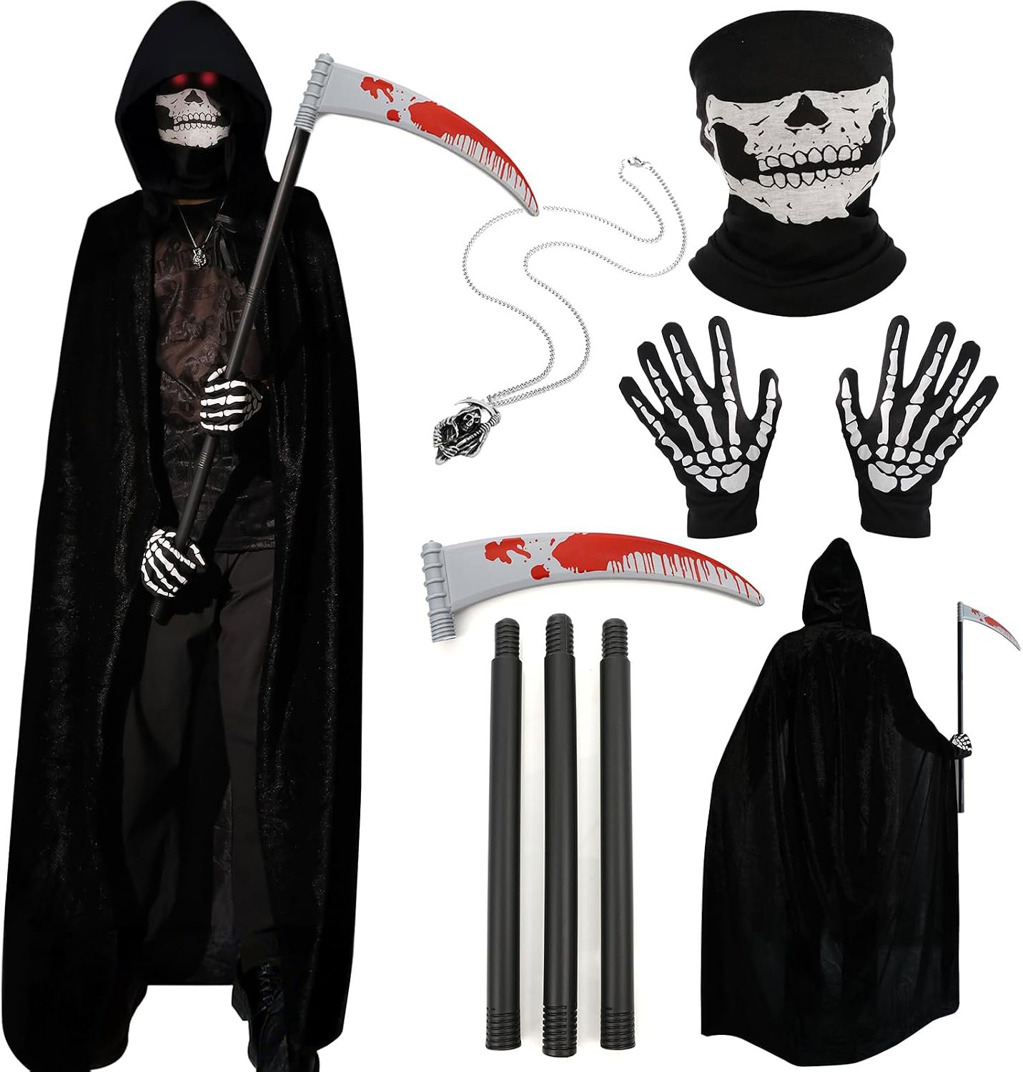 Review image for Halloween Costumes for Men & Women, Scary Grim Reaper Adult Costume with Hooded Cloak, Skeleton Mask, Gloves, and Scythe - Perfect Halloween Outfit for Adults