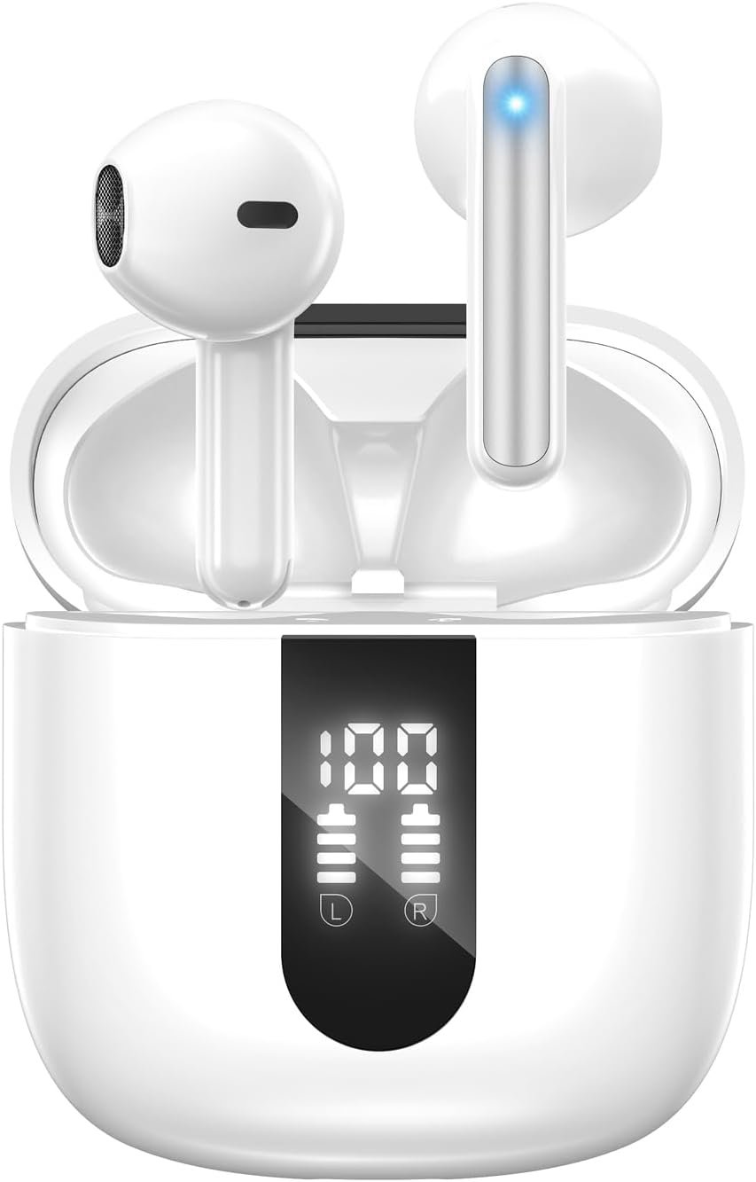 Review image for Ecouteurs Bluetooth sans Fil, Écouteurs sans Fil Bluetooth 5.4, 6 Micro ENC Anti Bruit, Basses Puissantes, 60H de Lecture, étanchéité IP5, Oreillette pour iphone Android (Blanc)