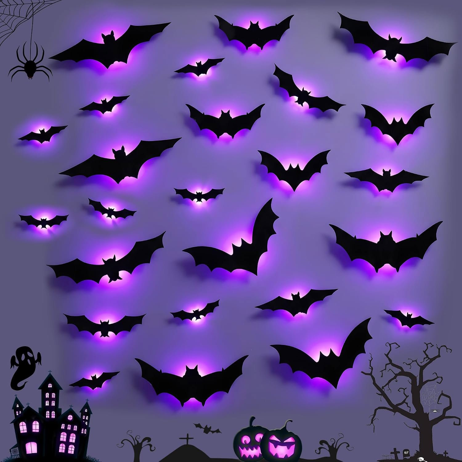 Review image for 24 Pipistrelli Halloween Decorativi 3D con LED per Interni ed Esterni